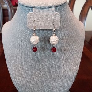 Sterling Silver Wrapped Czech White & Red Crackle Glass Fishhook Earrings
